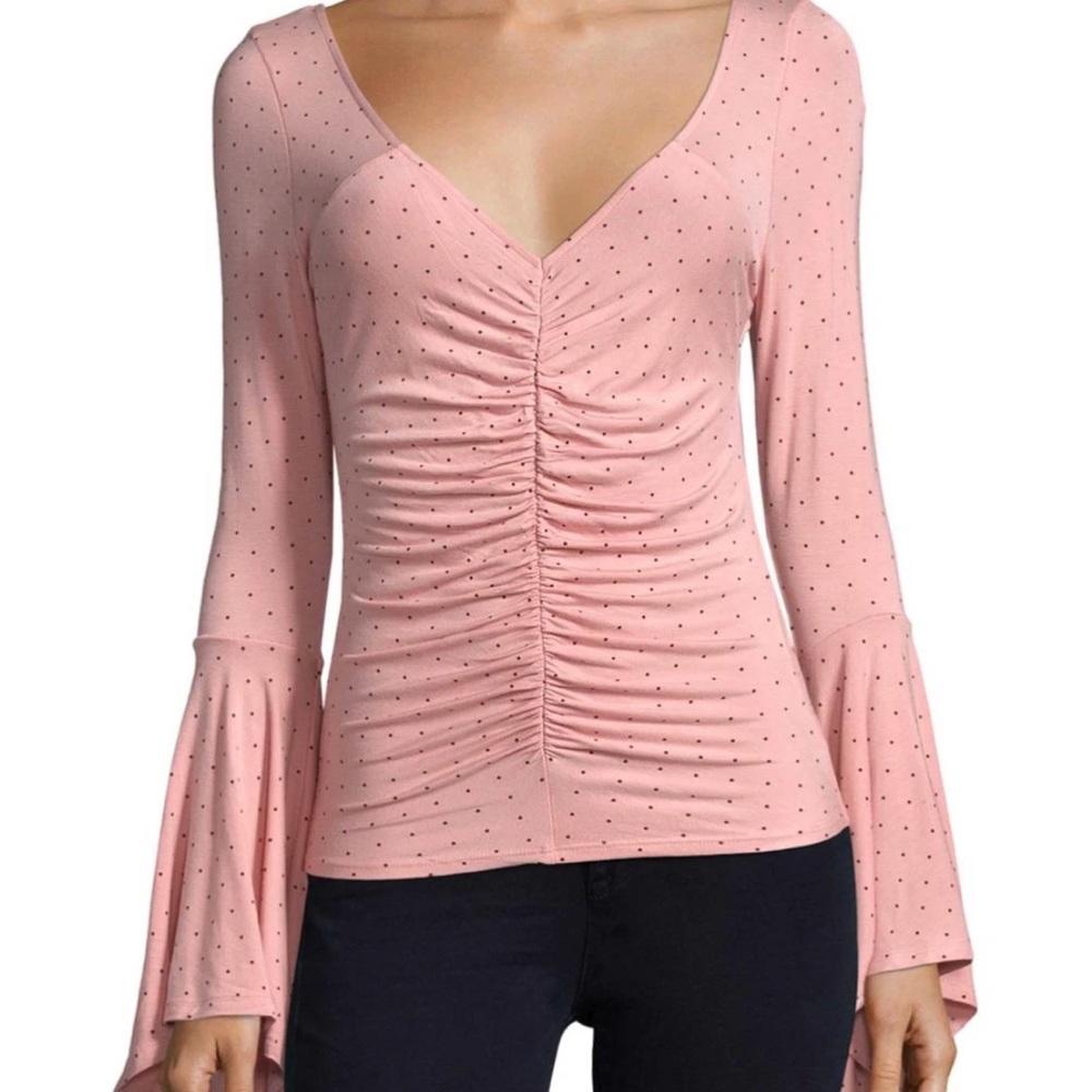 FREE PEOPLE | NWT What A Babe Pink Black Polka Dot Long Bell Sleeve VNeck Top M